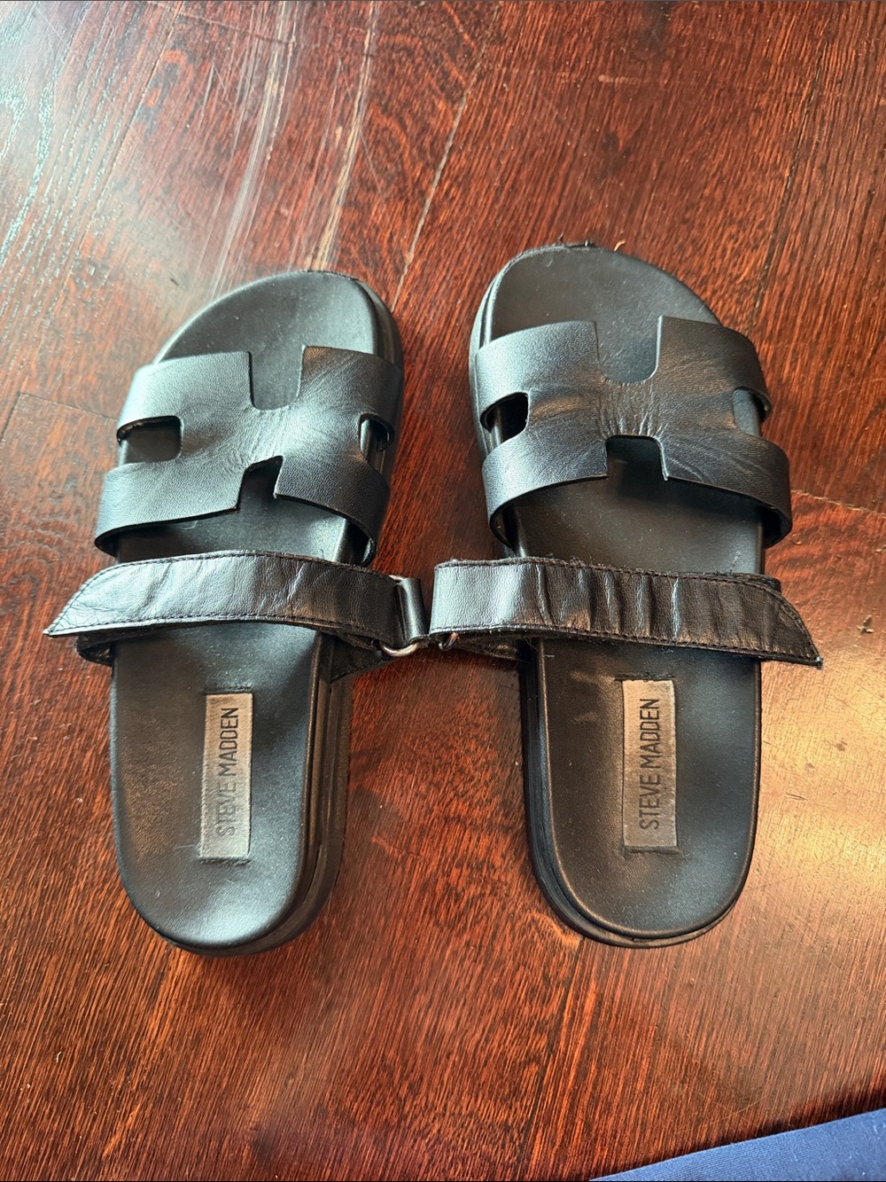 Steve Madden Black Double-Strap Leather Slide Sandals